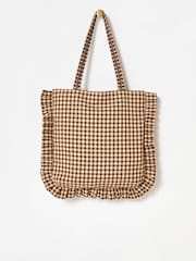 Oliver Bonas Brown Gingham Ruffle Tote Bag - Image 3 of 6