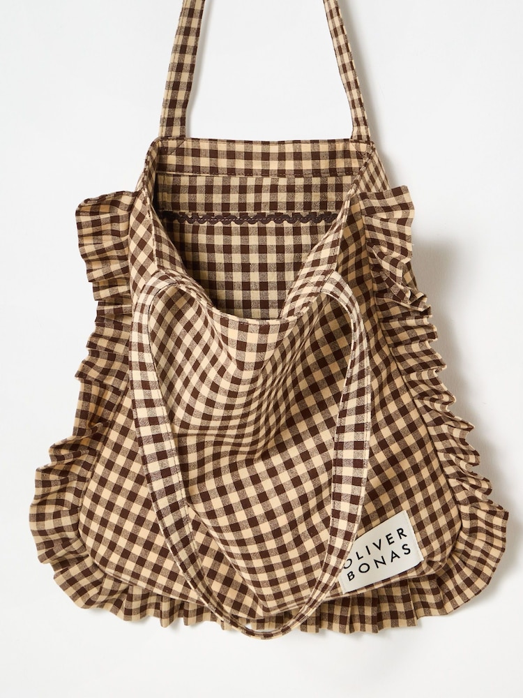Oliver Bonas Brown Gingham Ruffle Tote Bag - Image 6 of 6 Oliver Bonas Brown Gingham Ruffle Tote Bag - Image 6 of 6