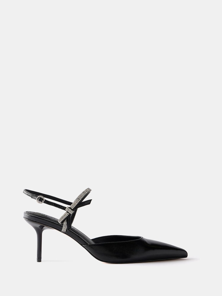 Mint Velvet Black Kai 75  Leather Diamante Trim Mid Heels - Image 2 of 5 Mint Velvet Black Kai 75  Leather Diamante Trim Mid Heels - Image 2 of 5