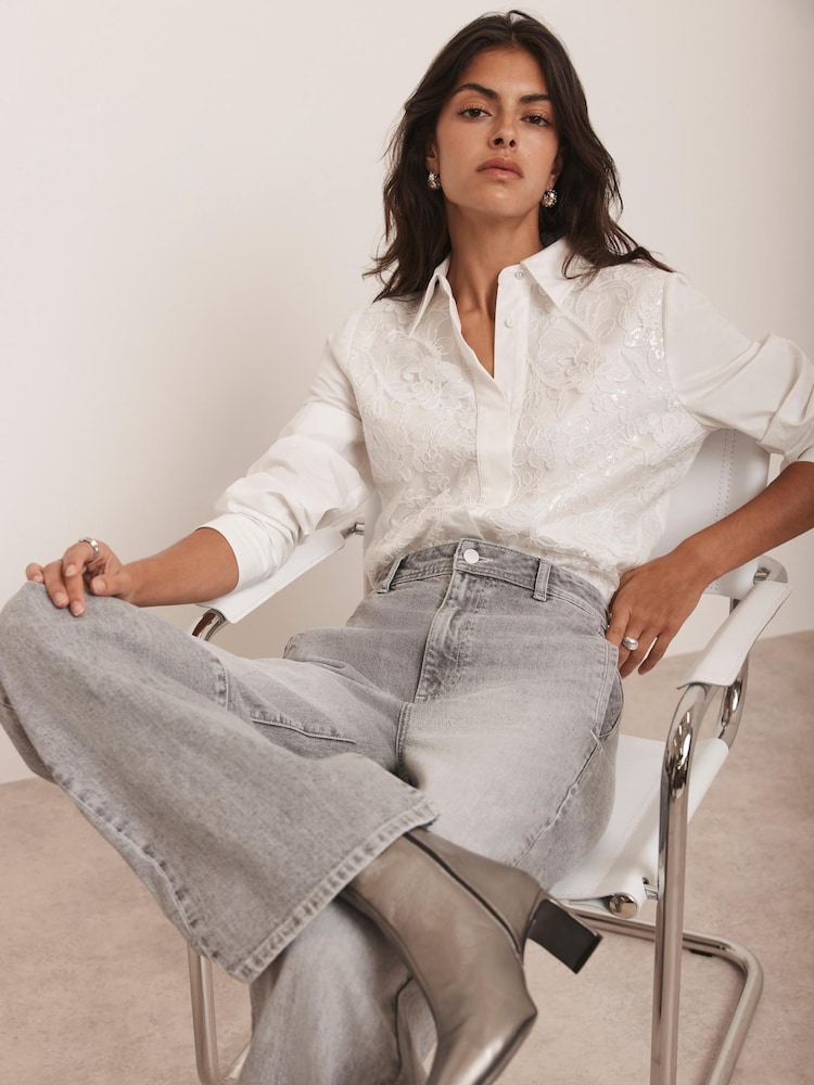 Mint Velvet White Sequin Lace Cotton Shirt - Image 1 of 8