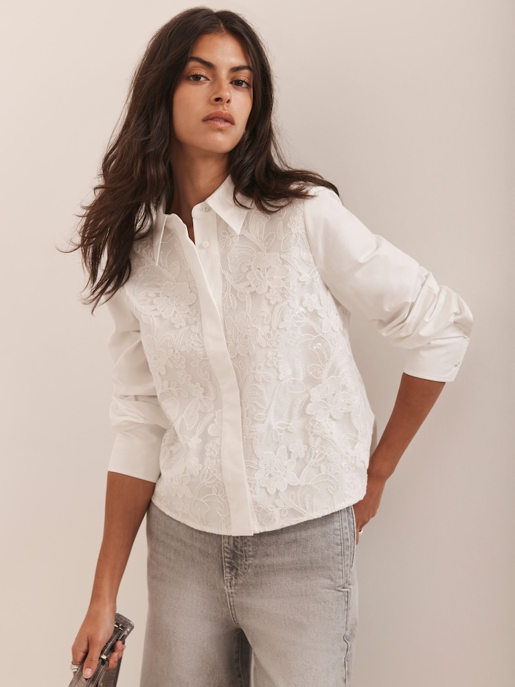 Mint Velvet White Sequin Lace Cotton Shirt - Image 2 of 8