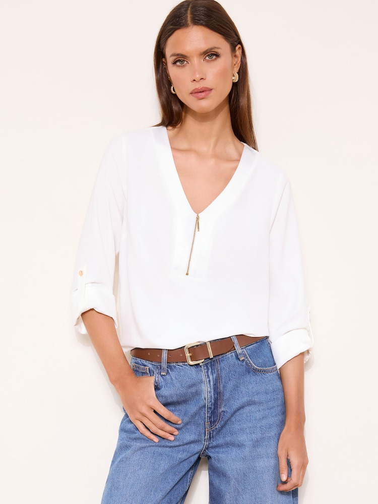 白色 - Lipsy 拉链前开襟3/4袖上衣 - 4的图像1｝