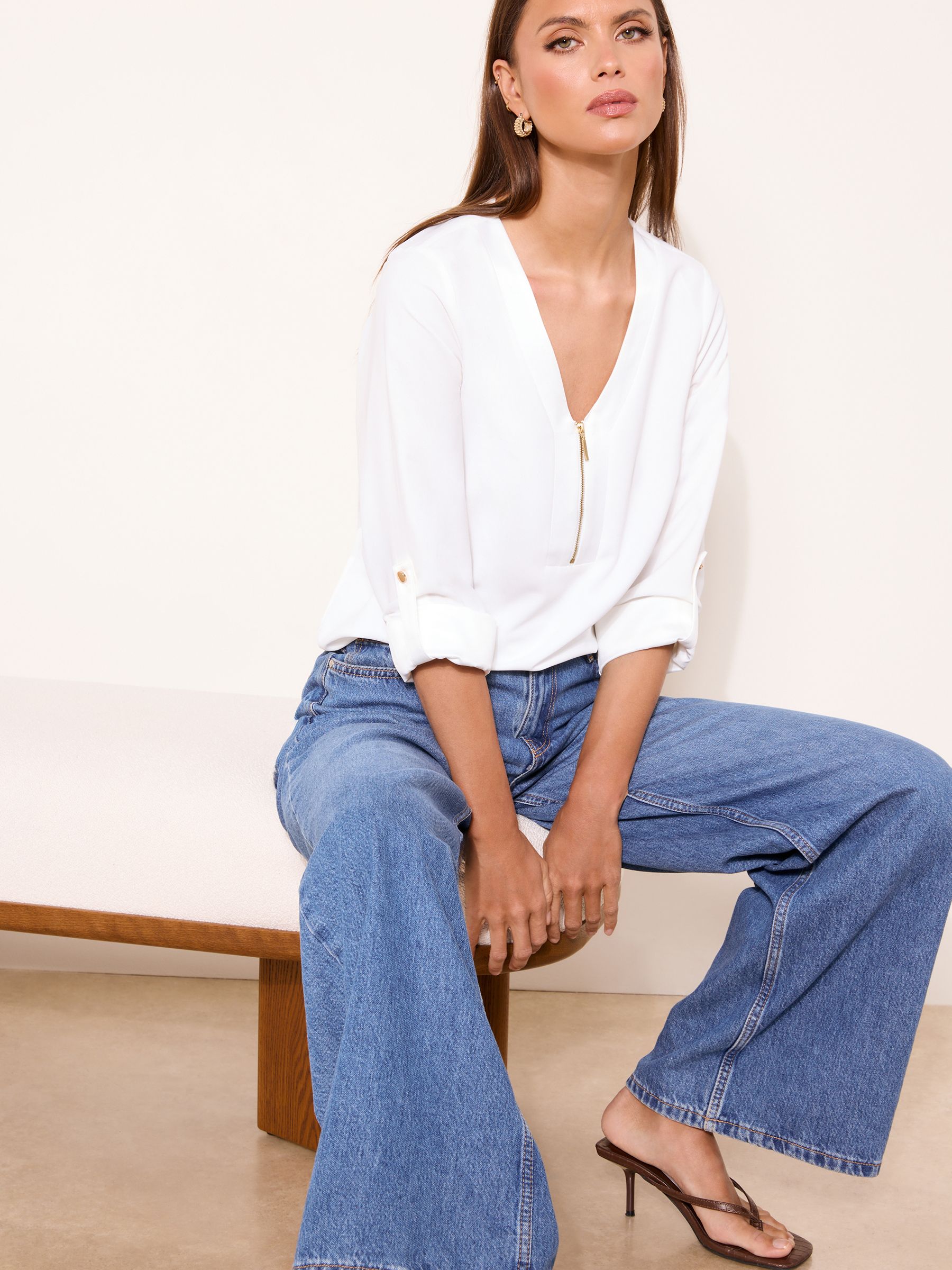 Buy Lipsy White Zip Front 3/4 Sleeve Top from Next Romania