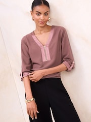 Lipsy Mauve Pink Zip Front 3/4 Sleeve Top - Image 1 of 4