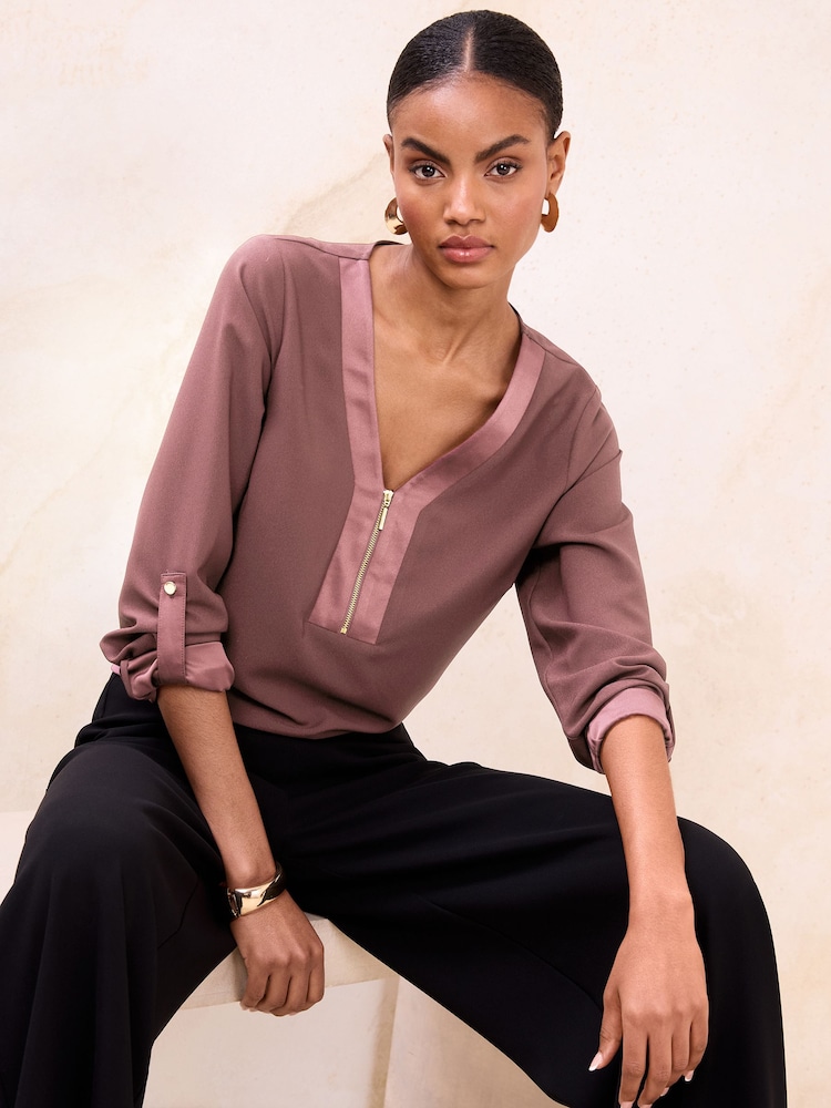Lipsy Mauve Pink Zip Front 3/4 Sleeve Top - Image 2 of 4