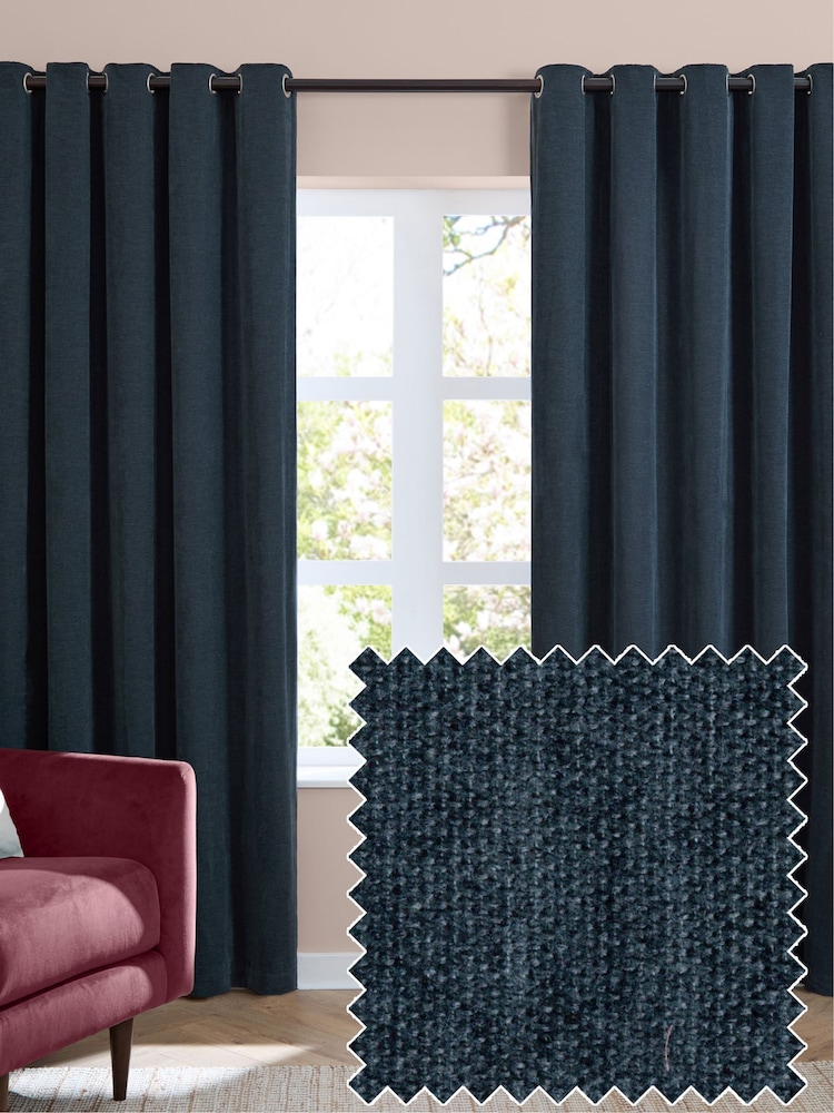 Furn Navy Soft Chenille 100% Blackout Eyelet Curtains - Image 1 of 8