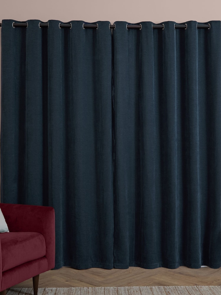 Furn Navy Soft Chenille 100% Blackout Eyelet Curtains - Image 2 of 8