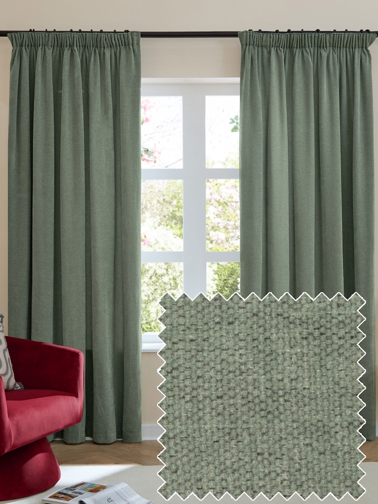 Furn Green Soft Chenille Lined Pencil Pleat Curtains - Image 1 of 7