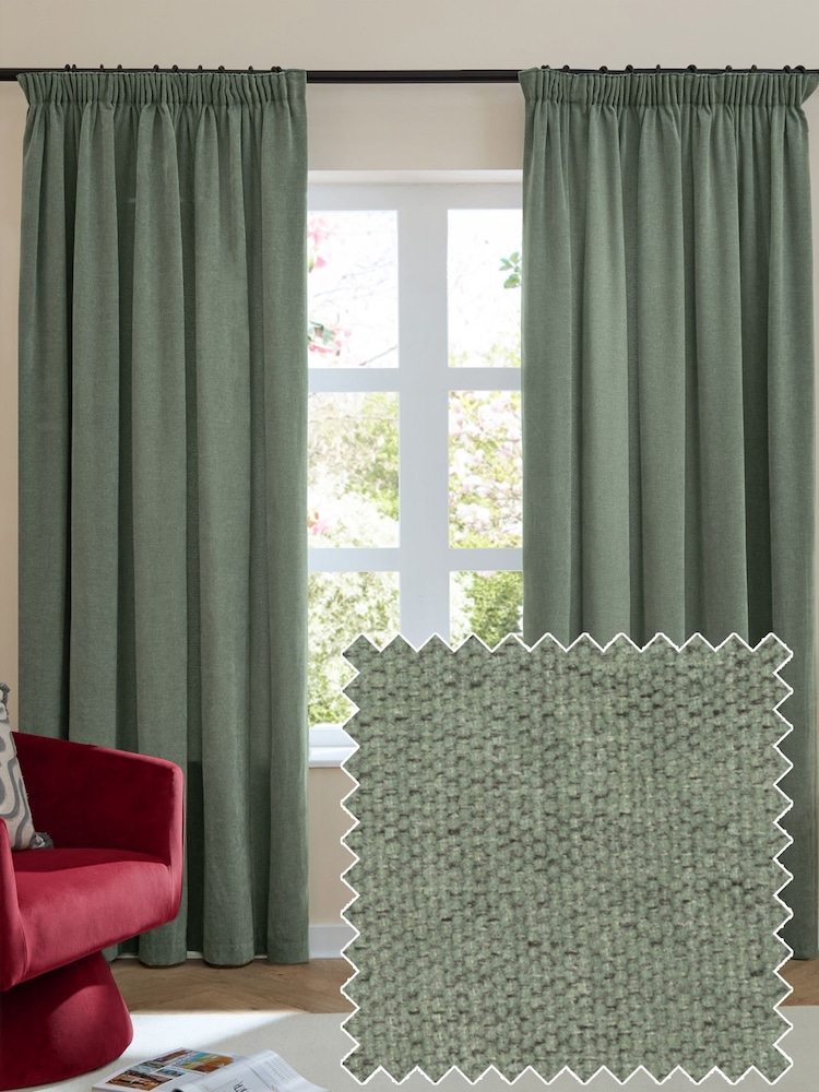 Furn Green Soft Chenille 100% Blackout & Thermal Pencil Pleat Curtains - Image 1 of 7