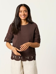 FatFace Chloe Chocolate Brown Crochet Detail T-Shirt - Image 1 of 6