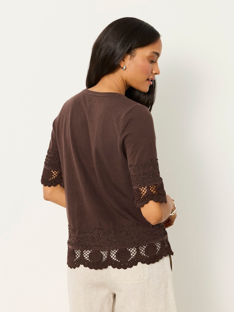 FatFace Chloe Chocolate Brown Crochet Detail T-Shirt - Image 2 of 6