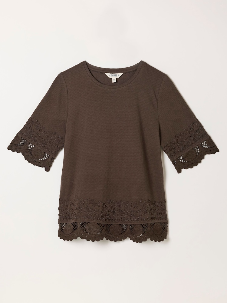 FatFace Chloe Chocolate Brown Crochet Detail T-Shirt - Image 6 of 6