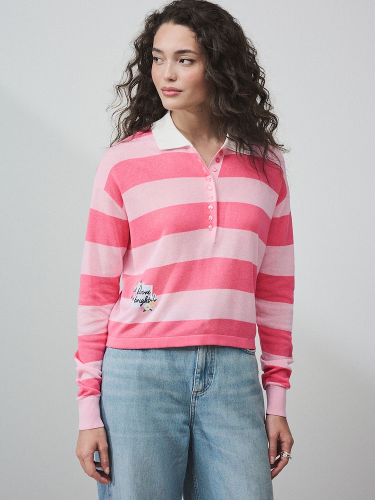 Pink Stripe Long Sleeve Polo Top With Linen - Image 2 of 7