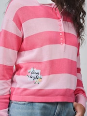 Pink Stripe Long Sleeve Polo Top With Linen - Image 4 of 7