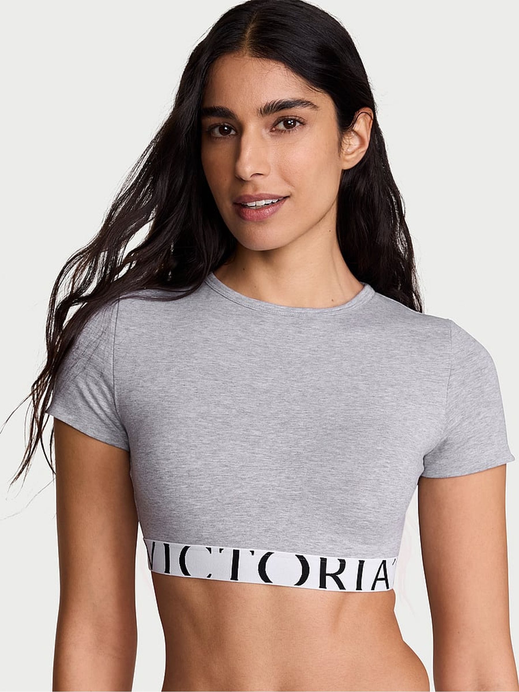 Victoria's Secret Grey Cotton Exploded Logo Short Sleeve Bralette Top