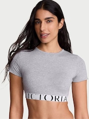 Victoria's Secret Grey Cotton Exploded Logo Short Sleeve Bralette Top - Image 1 of 2