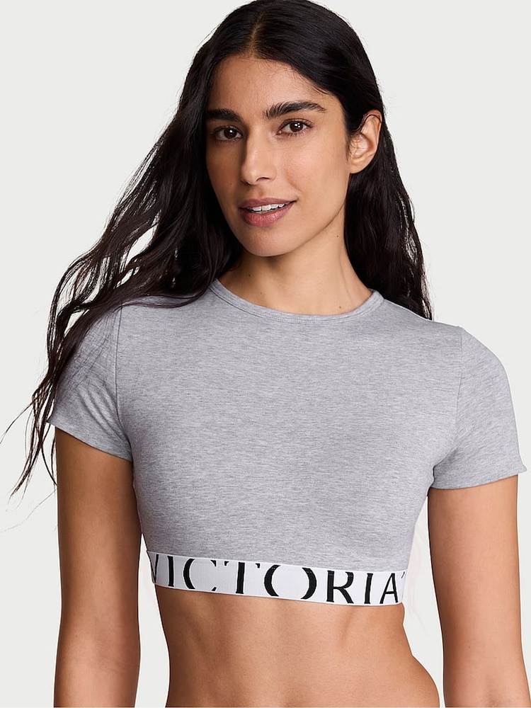 Victoria's Secret Grey Cotton Exploded Logo Short Sleeve Bralette Top - Image 1 of 2