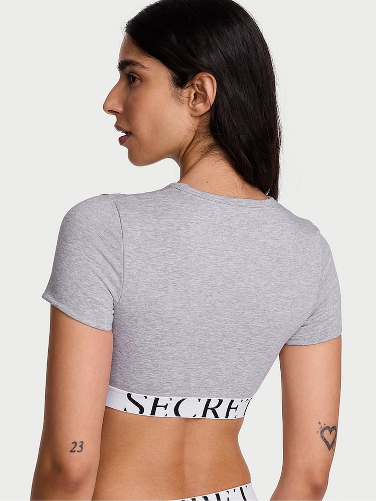 Victoria's Secret Grey Cotton Exploded Logo Short Sleeve Bralette Top - Image 2 of 2