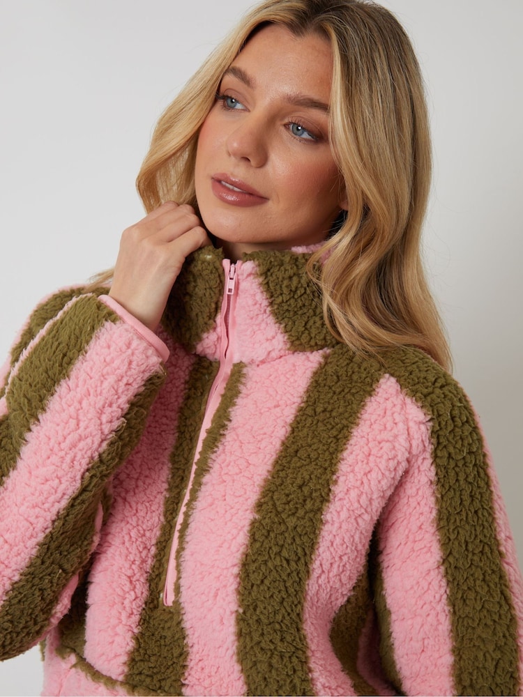Threadbare Pink Stripe Borg Quarter Zip Lounge Fleece - Image 4 of 4 Threadbare Pink Stripe Borg Quarter Zip Lounge Fleece - Image 4 of 4
