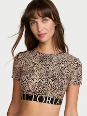 Victoria's Secret Leopard Brown Cotton Exploded Logo Short Sleeve Bralette Top - Image 1 of 2
