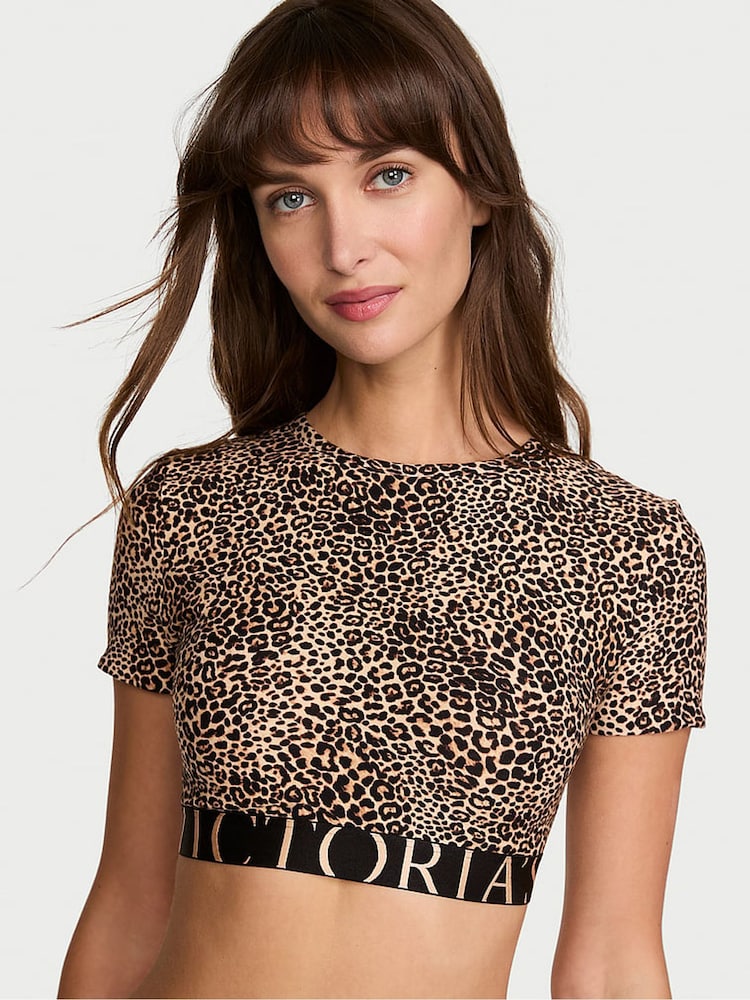 Victoria's Secret Leopard Brown Cotton Exploded Logo Short Sleeve Bralette Top - Image 1 of 2