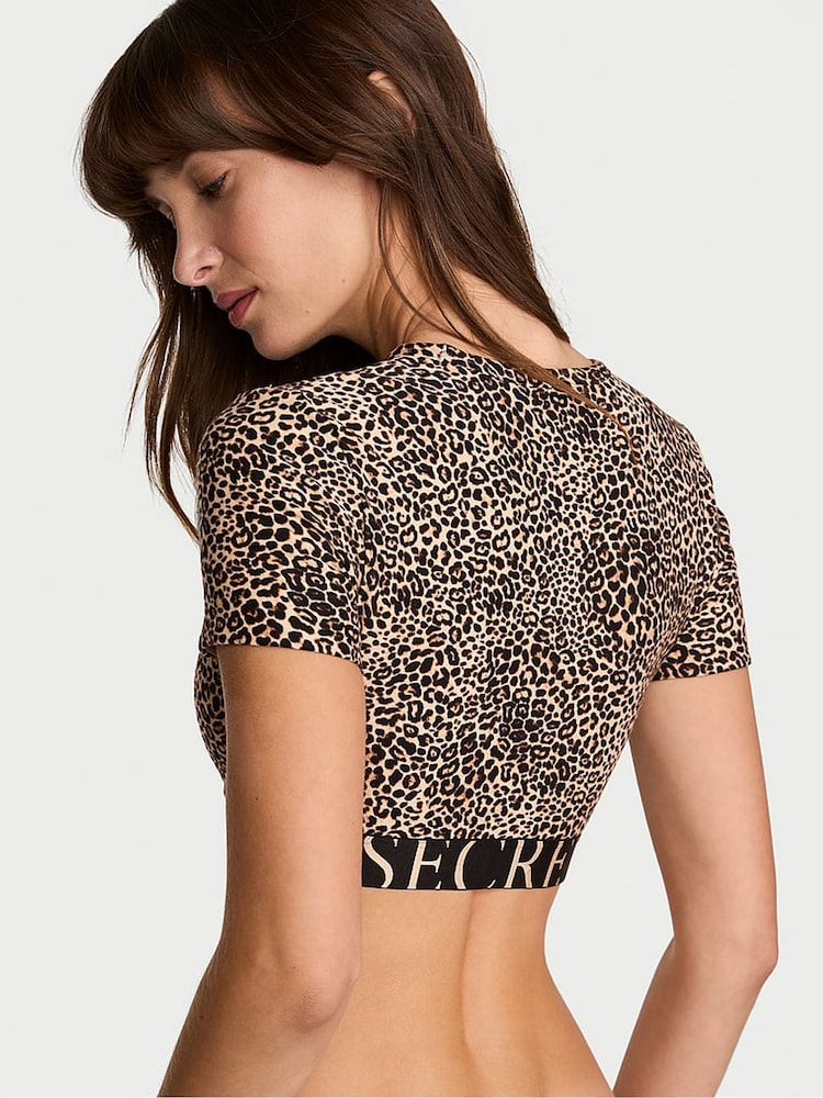 Victoria's Secret Leopard Brown Cotton Exploded Logo Short Sleeve Bralette Top - Image 2 of 2