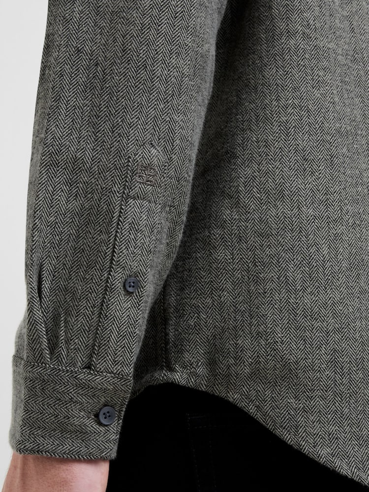 French Connection Grey Cotton Herringbone Regular Fit Long Sleeve Button-Up Shirt - Image 5 of 5