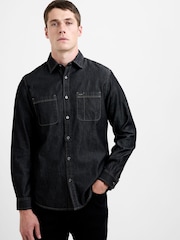 French Connection Black Cotton Regular Fit Long Sleeve Button-Up Denim Shirt - Image 4 of 5