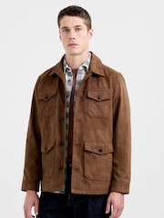 French Connection Brown Utility-Style Faux Suede Button-Up Jacket - Image 1 of 5