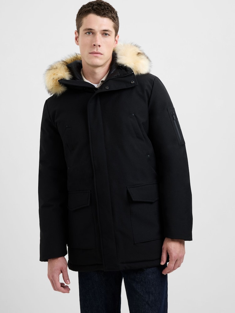 French Connection Black Padded Faux Fur Hooded Mid-Length Parka Jacket - Image 1 of 6