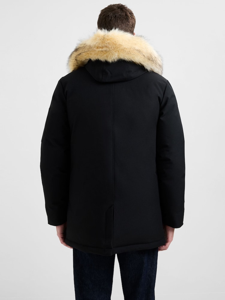French Connection Black Padded Faux Fur Hooded Mid-Length Parka Jacket - Image 2 of 6