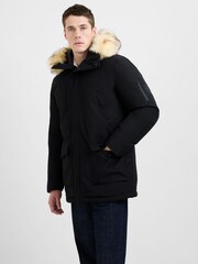 French Connection Black Padded Faux Fur Hooded Mid-Length Parka Jacket - Image 3 of 6