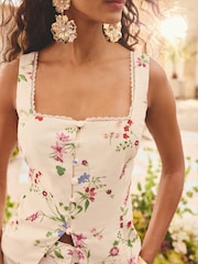 Love & Roses White Ecru Floral Print Linen Sleeveless Waistcoat - Image 2 of 4