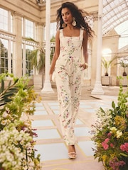 Love & Roses White Ecru Floral Print Linen Sleeveless Waistcoat - Image 3 of 4