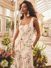 Love & Roses White Ecru Floral Print Linen Sleeveless Waistcoat - Image 4 of 4