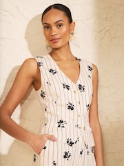 Love & Roses Cream Linen Black Floral Pinstripe Printed Waistcoat - Image 1 of 4