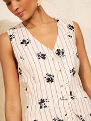 Love & Roses Cream Linen Black Floral Pinstripe Printed Waistcoat - Image 2 of 4