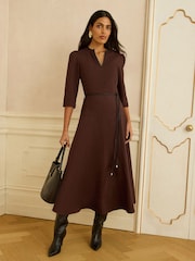 Sjokoladebrun - Love & Roses 3/4 erme PU-belte Midi midikjole - Bilde 1 av 4