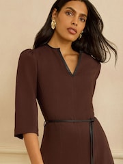 Sjokoladebrun - Love & Roses 3/4 erme PU-belte Midi midikjole - Bilde 2 av 4