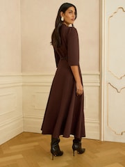 Sjokoladebrun - Love & Roses 3/4 erme PU-belte Midi midikjole - Bilde 3 av 4