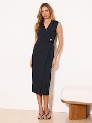 Lipsy Navy Blue Tailored Wrap Midi Dress - Image 1 of 5