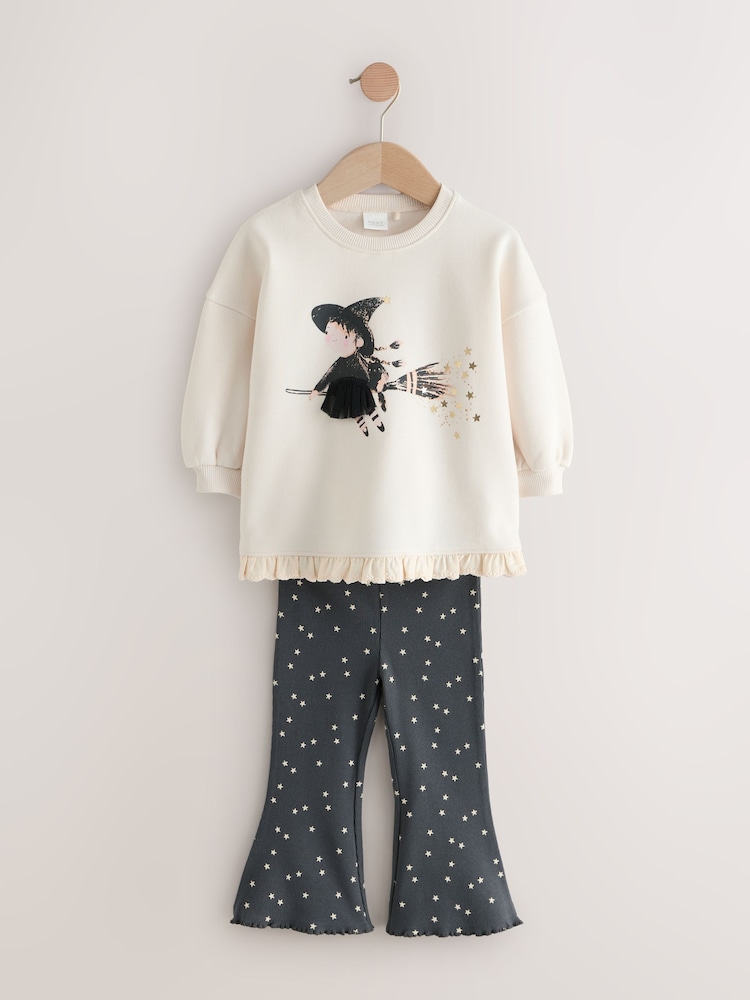 Cream Halloween Witch Frill Hem Sweatshirt & Flare Leggings Set (3mths-7yrs) - Image 1 of 5
