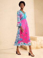 Love & Roses Pink Fluted Sleeve Midi Dress - Image 1 of 4