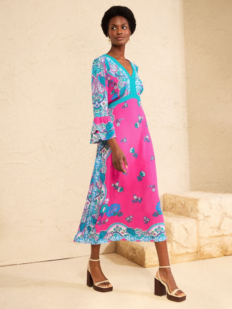 Love & Roses Pink Fluted Sleeve Midi Dress - Image 1 of 4