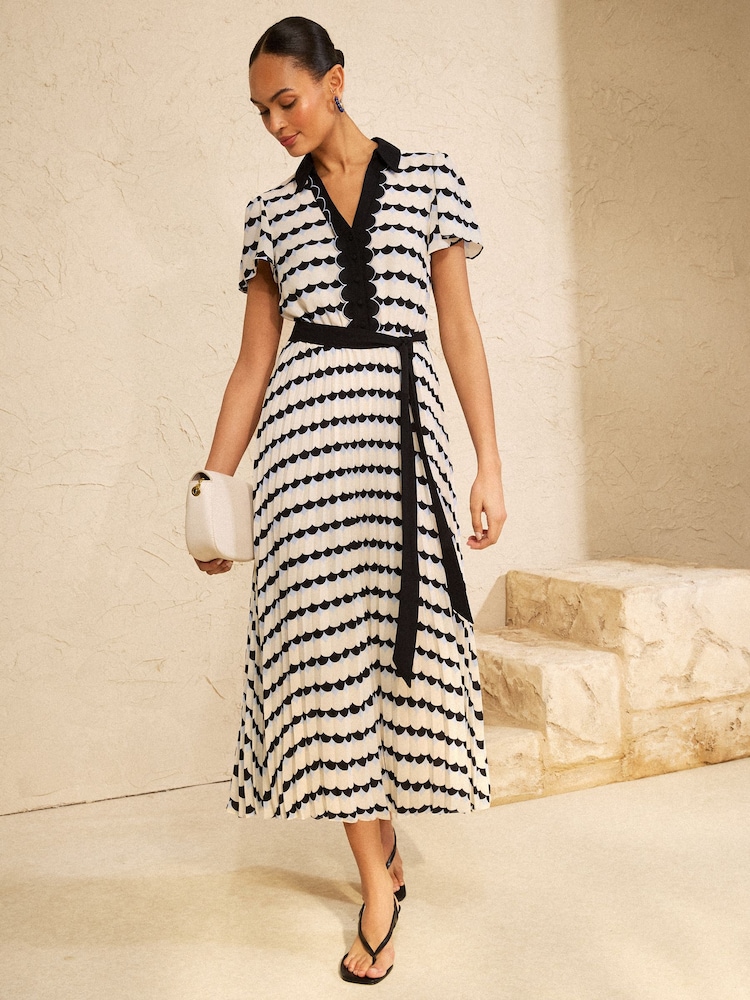 Love & Roses Blue Scallop Stripe Pleated Midi Shirt Dress - Image 1 of 4