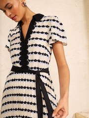 Love & Roses Blue Scallop Stripe Pleated Midi Shirt Dress - Image 2 of 4
