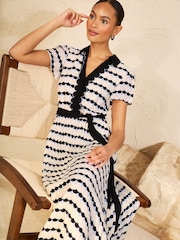 Love & Roses Blue Scallop Stripe Pleated Midi Shirt Dress - Image 4 of 4