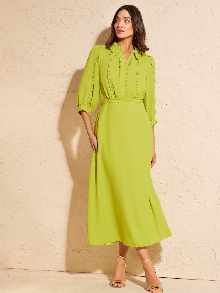 Love & Roses Lime Green Zip Collar Ruffle Trim Shirt Midi Dress - Image 1 of 4