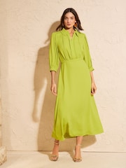 Love & Roses Lime Green Zip Collar Ruffle Trim Shirt Midi Dress - Image 3 of 4