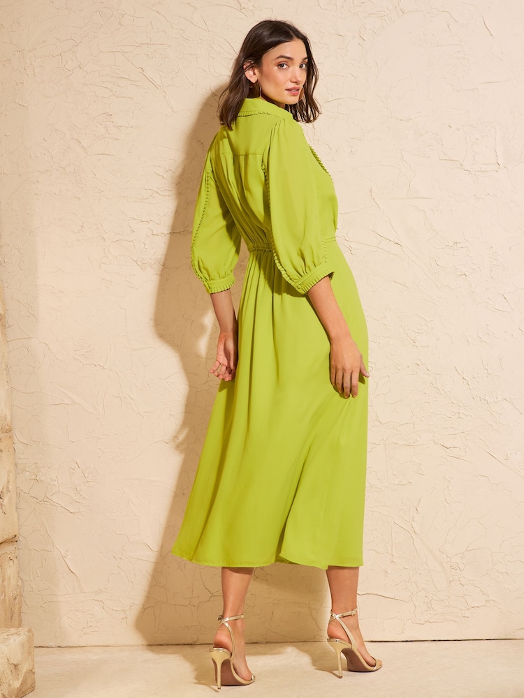 Love & Roses Lime Green Zip Collar Ruffle Trim Shirt Midi Dress - Image 4 of 4